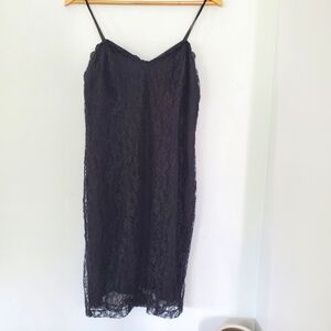 Y2K Black Lace Overlay Mini Slip Dress Sz S Party Cocktail Vintage Sexy Strappy